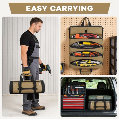 ANILD 15.5 Inch Extra Long Tool Bag Roll Up, Roll Up Tool Bag Organizer - color: Khaki, size: Large