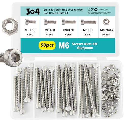 50PCS M6 x 50mm 60mm 70mm 80mm, Hex Socket Head Cap Screws Bolts Nuts Kit, Stainless Steel 304, Metric Allen Drive, Fully Threaded - size: Socket M6x50/60/70/80mm
