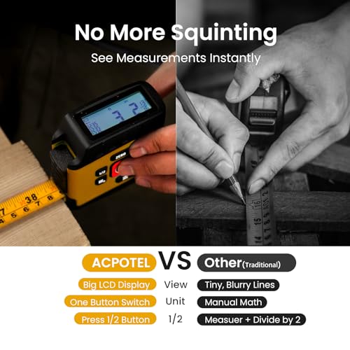 ACPOTEL Digital Tape Measure 16ft, LCD Display, 6 Metric & Imperial Units | Retractable Measuring Tape, Rechargeable, 1/16" Precision, 20-Value Memory, Midpoint, Area/Volume Calc for Pro & DIY Use - color: Yellow