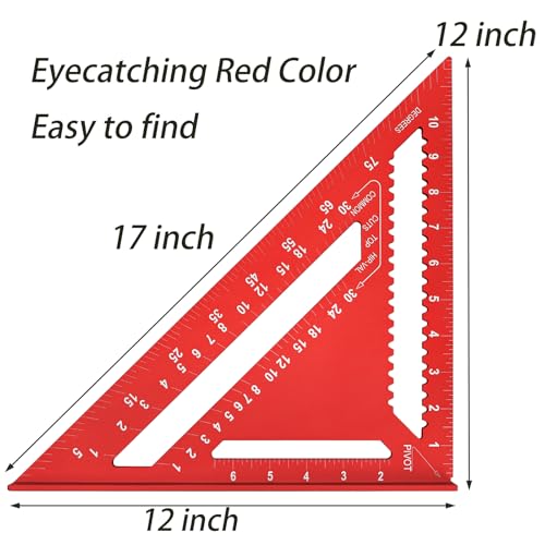 TOPZEA Carpenter Square, 12 Inch Aluminum Rafter Square Triangle Framing Ruler Measuring Layout Tool for Woodworking, Carpentry, Construction, Red