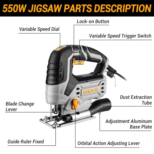 Jig Saw Corded: DEKOPRO Electric Jigsaw Tool Power Jig Saws for Woodworking, Wood Cutter Hand Tool with 6 Variable Speed, 4 Orbital Settings, ±45° Bevel Cutting, Tool-less Blade Quick Release