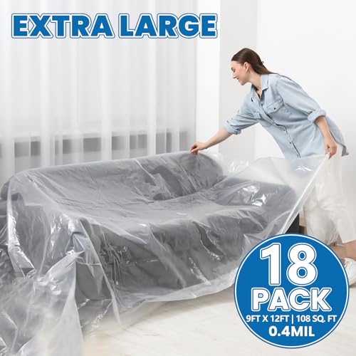 18 Pack Plastic Drop Cloth, 9 x 12 Feet Plastic Sheeting - color: 18p