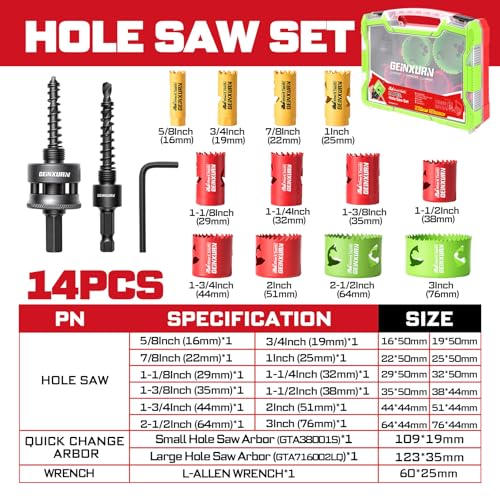 GEINXURN 15PCS Hole Saw Kit 5/8'' to 3'' (16mm-76mm) with Hole Saw Mandrel and Hex Wrench,HSS Bi-Metal Hole Cutter with Shark Tooth for Wood,Drywall, PVC Boards and Thin Metal - color: 15PCS 5/8“-3” Hole Saw Set with Mandrel