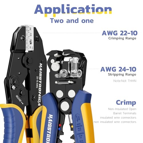haisstronica Wire Stripper and Crimper Set, AWG 22-10 for Open Barrel | 3 in 1 Wire Stripper for AWG 24-10, Ratchet, Separate Gauge Controls, Adjustable Pressure, Quick Release, Harness Work