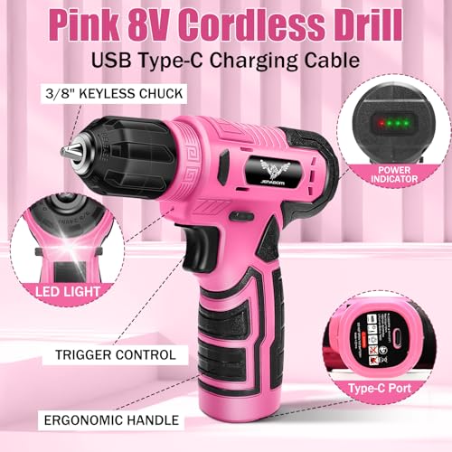 JENABOM 127-Piece Home Tool Set with 8V Pink Cordless Drill - color: Light Pink