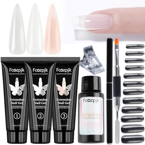 Fcozpjk Poly Extension Gel Nail Kit with Slip Solution Dual Nail Form Brush - color: 3colors-nude