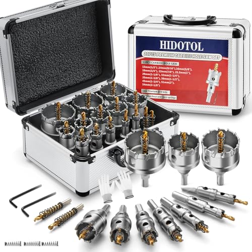 HIDOTOL 20PC TCT Carbide Hole Saw Kit 1/2" - 2-1/8" Tungsten Carbide Drill Bits Set with Titanium Pilot & L-Wrench, for Hard Metal Stainless Steel, Iron, Aluminum with Aluminium Case. - size: LZ-HOLE SAWS-20