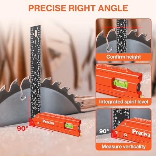 Preciva 12" Aluminum Carpenter Square (1/16" Scale)- Multifunctional Right Angle Ruler with Level Bubble - Angle Guides for Woodworking, Framing & DIY
