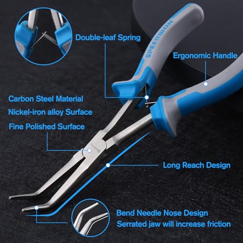 SPEEDWOX Long Reach Bent Needle Nose Pliers with Serrated Jaw Extra Long Nose Precision Wire Looping Pliers Needle Remover Pliers for Hard to Reach Narrow Spaces Jewelry Making Tools Fishing Tools - style: Curved needle nose pliers, serrated jaw