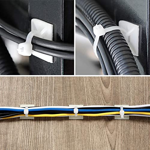 Strong Back-Glue Self Adhesive Cable Zip Tie Mounts Kit - 100 Set Cable Management Clips with 6" Zip Ties, Wire Holders - Outdoor Sticky Wire Organizer Clips - White - color: White