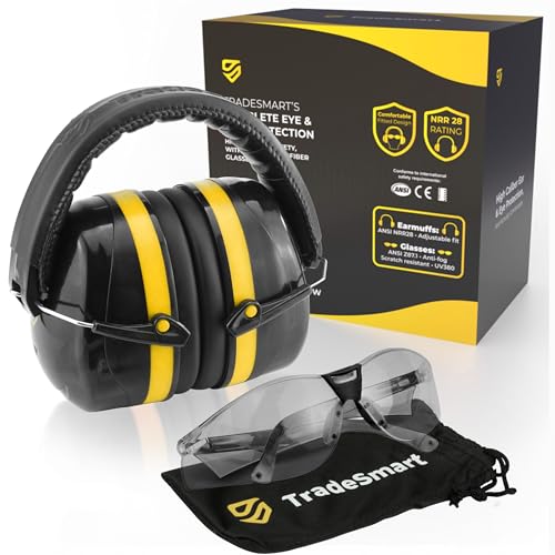 TradeSmart Shooting Ear Protection for Gun Range, NRR 28 Earmuffs & Eyewear - color: Clear Glasses - Yellow