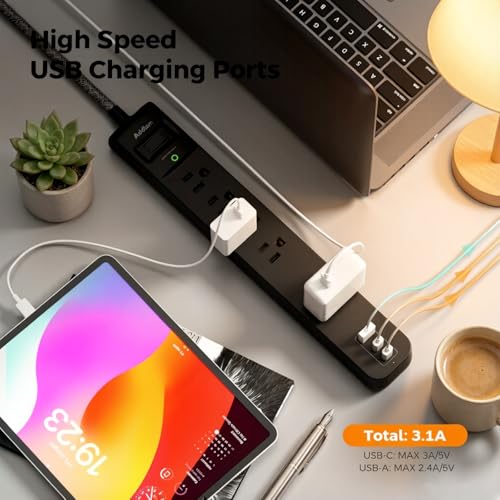 Addtam 2 Pack Power Strip Surge Protector – 5 Wide Spaced Outlets 3 USB - color: Black & Dark Gray, size: 3 FT