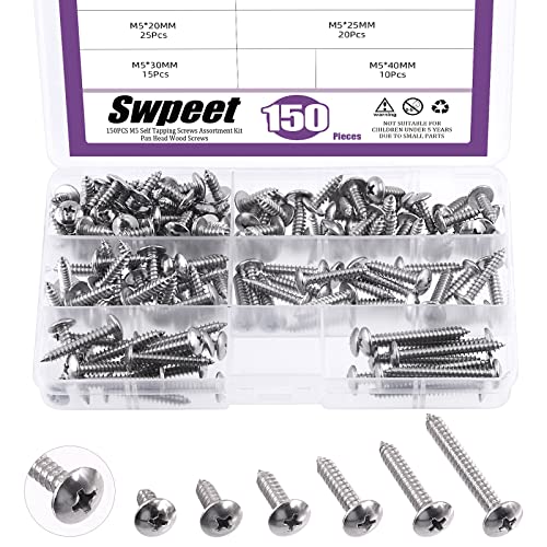 Swpeet 150Pcs #10 x 1/2" to 1-3/5" 304 Stainless Steel Phillips Truss Head Self Tapping Screws Phillips Cross Drive Wood Screws Sheet Metal Screws Assortment Kit for Sheet Metal, Wood, PVC Plastic - size: M5