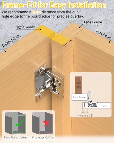 Onemake 80 Pack 1/2" Overlay Face Frame Soft Close Cabinet Hinges, 105° Concealed Hinge, Smooth Slow Self Closing, 3D Adjustable, Hidden Hardware Replacement for Kitchen, Wardrobe, Cupboard Door - size: 1/2"