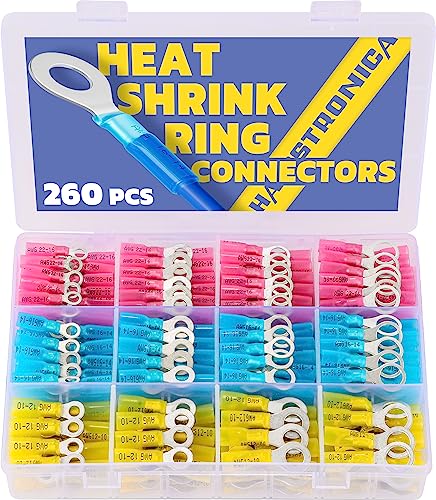 haisstronica 260PCS Heat Shrink Ring Terminals, 22-10 AWG, 3 Colors 4 Sizes - size: AWG 22-10
