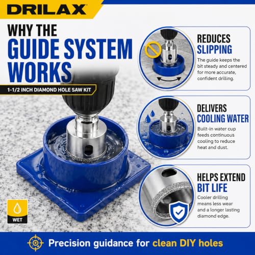 Drilax 1-1/2 Inch Diamond Hole Saw with Water Delivery System Guide Easy Drilling for Quartz, Granite, Marble, Porcelain, Ceramic, Glass Tiles - Complete Kit for Precise DIY Holes 1.5 inch - size: 1-1/2 inch