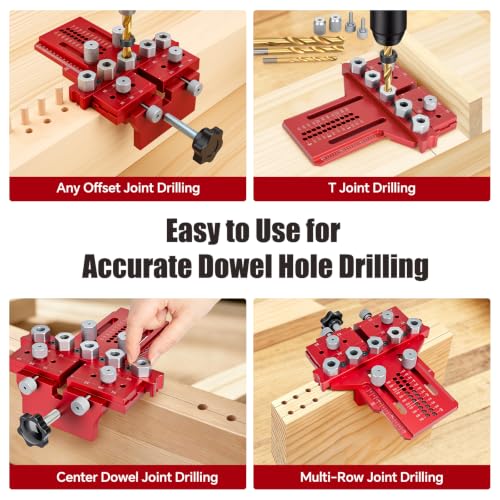 Dowel Jig Kit with Position Stop & Clamp, Full-Featured Doweling Jig | Self Centering Doweling Jig for 1/4",3/8",1/2" Drill Bits, Exact Straight Holes in Any Thickness Wood for Furniture, Cabinet