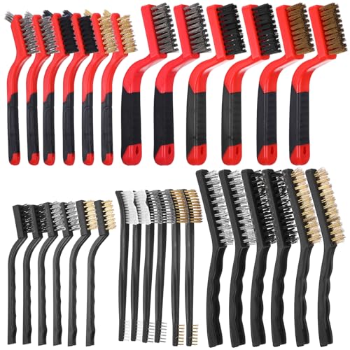 30 Pcs Wire Brush Set for Cleaning - Nylon, Stainless Steel & Brass Bristles with Curved Handles for Rust, Paint, Grout & Dirt Removal