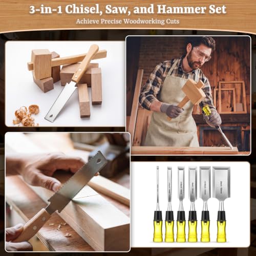 8 Pcs Woodworking Tools Set, Includes 6 Pcs Wood Chisel CR-V Steel Beveled Blades (1/4", 1/2", 3/4", 1", 1 1/4", 2"), Solid Beech Wood Mallet & SK5 Double-Edged Hand Saw for Carpenter DIY