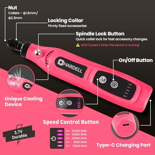 HARDELL Mini Cordless Rotary Tool, 43pcs Lightweight Rotary Tool Kit - color: Pink