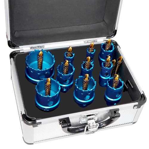TCT Carbide Hole Saw Kit for Hard Metal 5/8"~2" Carbide Hole Saw with Titanium-Plated Pilot Drill Bit for Metal Such as Iron Stainless Steel Aluminum Alloy Plastic Copper Plasterboard 12PCS