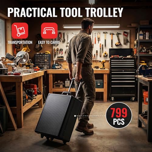 TLGREEN 799-Piece Mechanic Tool Set with Rolling Tool Box, Black - color: Black