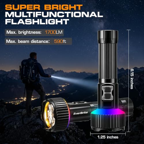 EverBrite 1700LM Rechargeable Flashlight with Spotlight, Floodlight & RGB