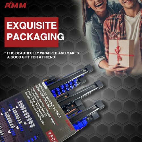 AMM 9-Piece Socket Organizer, 1/2 inch, 3/8 inch and 1/4 inch Drive ABS Tools-Blue Socket Holder,Heavy Duty Socket Racks, Premium Quality Socket Clip Rail Holder,The best tool trays in the garage - color: Blue, size: 9PC