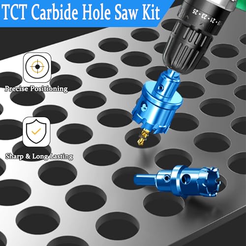 TCT Carbide Hole Saw Kit for Hard Metal 5/8"~2" Carbide Hole Saw with Titanium-Plated Pilot Drill Bit for Metal Such as Iron Stainless Steel Aluminum Alloy Plastic Copper Plasterboard 12PCS
