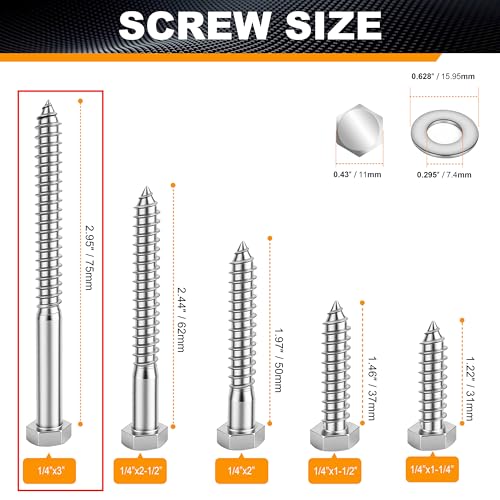 Hex Head Lag Bolts for Wood, Lag Screws 1/4" x 3",30 PCS - size: 1/4" x 3"