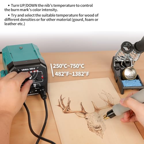 YIHUA 939 III Dual Pen Pyrography Station 2-in-1 Wood-Burning Tool with Two Wood-Burning pens 250-750°C Temperature Adjustable 20 Detailer nibs and 7 Essential Accessories and Tools Included
