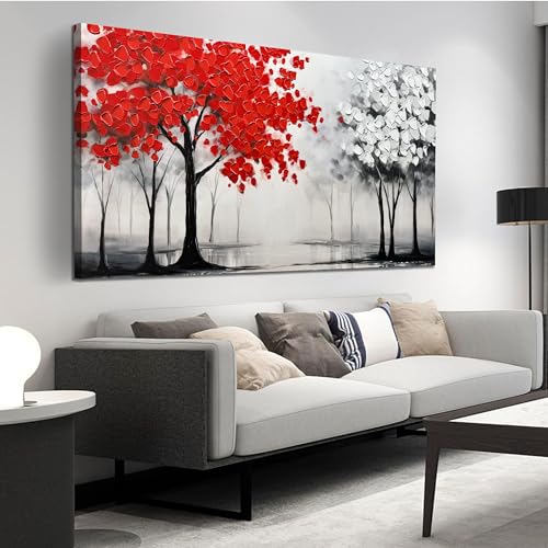 AUUZAIUA Large Canvas Wall Art Red and White Misty Forest Painting 24"x48" - size: 24"L x 48"W