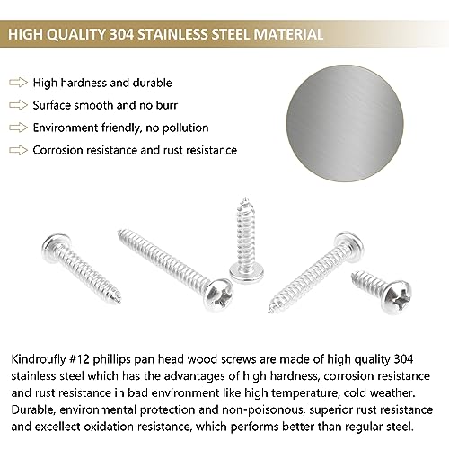 52 Pieces #12 x 3/4" 1" 1-1/4" 1-1/2" 2" Phillips Pan Head Self-Tapping Screws, Wood Screws Assortment Kit, 304 Stainless Steel - size: #12