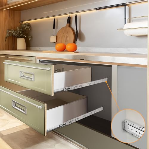 Probrico 1 Pair 14 Inch Rear/Side Mount Drawer Slides with Rear Mounting Brackets, Heavy Duty Ball Bearing Soft Close Drawer Glides, 3 Folds Full Extension Dresser Drawer Runners - size: 14 Inch