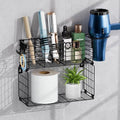 Metal Hair Tool Organizer with Toilet Paper Storage Basket Wall Mount - color: Black 2 Tiers
