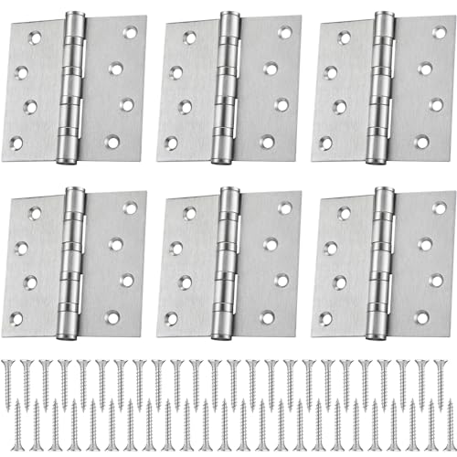 6 Pack Silver 4'' Ball Bearing Door Hinges, 4 x 4 Inch Exterior Door Hinge - color: Silver