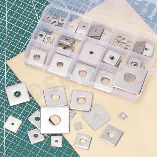 Swpeet 100Pcs 15 Sizes M3 M4 M5 M6 M8 M10 M14 304 Stainless Steel Silver Squares Washer with Round Hole Assortment Kit, Square Plate Washers Rectangular Pad Spacer Gasket Washer for Hardware Fastener
