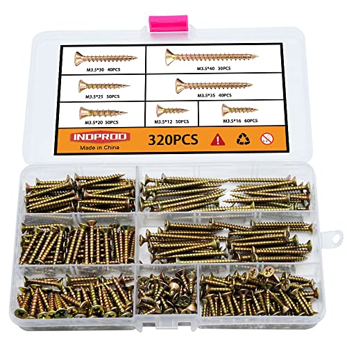 M3.5 Flat Head Wood Screws Assortment Kit 320 Pcs,Phillips Drive Countersunk Flat Head Self-Tapping Wood Screws,Yellow Zinc Plated Finish Screw Kit,Self Tapping Drywall Screws for Metal - style: M3.5 320PCS