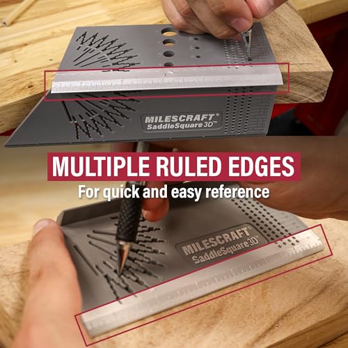 Milescraft 8414 Saddle Square 3D – Carpentry Square Woodworking Layout Tool for Joinery. 45/90 Degree Saddle Marks Two Sides. 1/32” Spaced Scribing Guides with 2 Horizontal and Vertical Rulers.