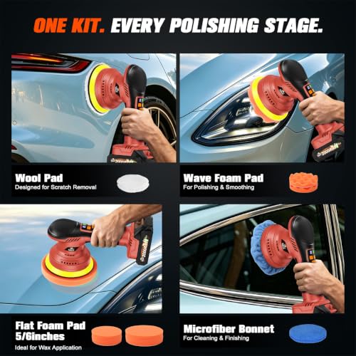 Cordless Dual Action Car Buffer Polisher, 8-Speed, 2*21V Batteries - color: Red