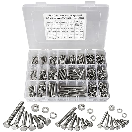M4 M5 M6 Metric Bolt Assortment Kit 10mm to 50mm, A2-70 Hex Bolt, 304 Stainless Steel Heavy Duty Flat Hex Head Screws Bolts and Nuts Kit, Nuts Flat and Lock Washers(Silver), 584PCS - color: Silver - 584PCS M4 M5 M6