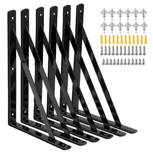 Heavy Duty Shelf Brackets 12 x 8 inch, 6 Pack Wall Shelf Brackets with 90 Degree Triangle, Black Metal L Brackets, Shelves L Brackets(300x190mm)
