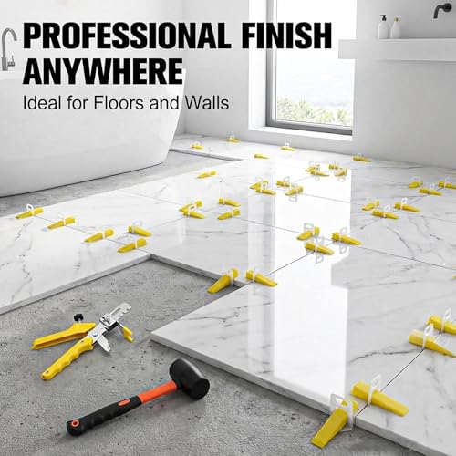 Tile Leveling System with Tile Pliers and Hammer, 600 Piece Tile Spacers 1/8 Inch Tile Clips and 200 Piece Reusable Wedges Tile Leveling Tools for Tiles and Stone Installation
