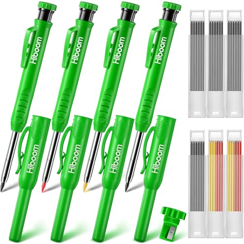 Hiboom 4 Pack Carpenter Pencil with 36 Refills Built In Sharpener (Green) - color: Green