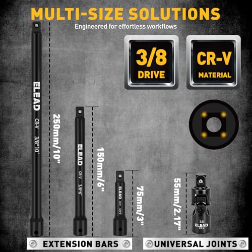 4-Piece 3/8" Drive Socket Extension Bar Set, 3, 6, 10 inch Professional Extension Set, 3/8 Inch Drive Universal Joint Socket, Premium Cr-V Steel Sockets Wrench Extender - style: 4-Piece 3/8" Socket Extension Bar Set