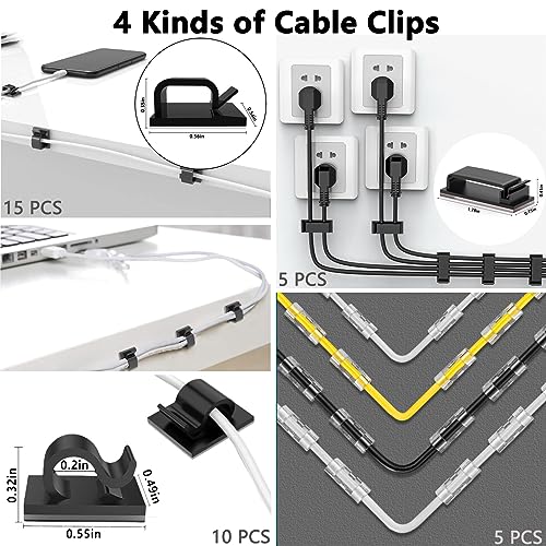 ELII 300PCS Cable Management Kit,4 Cable Sleeve 35 Cable Clips - color: Black
