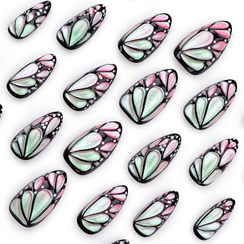 Handmade 3D Butterfly Wings Colour Press On Nails Medium Almond, Hologram Chameleon Designer Reusable Acrylic Fake Nails With Glue On Nails, Nails Press Ons Daily Wear Nails For Women - color: LF-3506, size: 24 Pieces (Pack of 1)