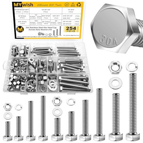 Mywish 254Pcs Nuts and Bolts, 1/4 20 5/16 18 3/8 16 Bolt, Heavy Duty 304 Stainless Steel Bolts and Nuts Kit with Flat Spring Washers, Includes 10 Common Sizes, Fully Threaded - size: 254 Pcs Mixed Size Kit - Silver