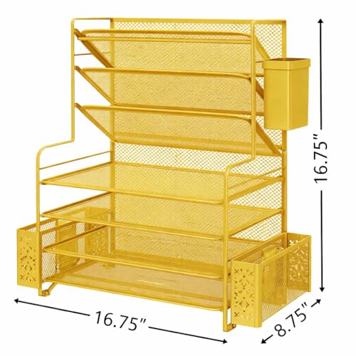Simple Trending 7 Tier Desk File Organizer, Letter Tray Paper Organizer with Pen Holder and Metal Hanging Basket, Gold - color: Pen Holder Gold