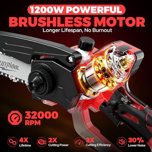 Mini Chainsaw Cordless Compatible with Milwaukee M18 18V Battery (NO Battery), 6 Inch & 8 Inch Small Electric Chainsaw Brushless, 2x 6'' Chains + 2x 8'' Chains, Auto Oiler, Handheld Pruning Chain Saw - color: Red-black